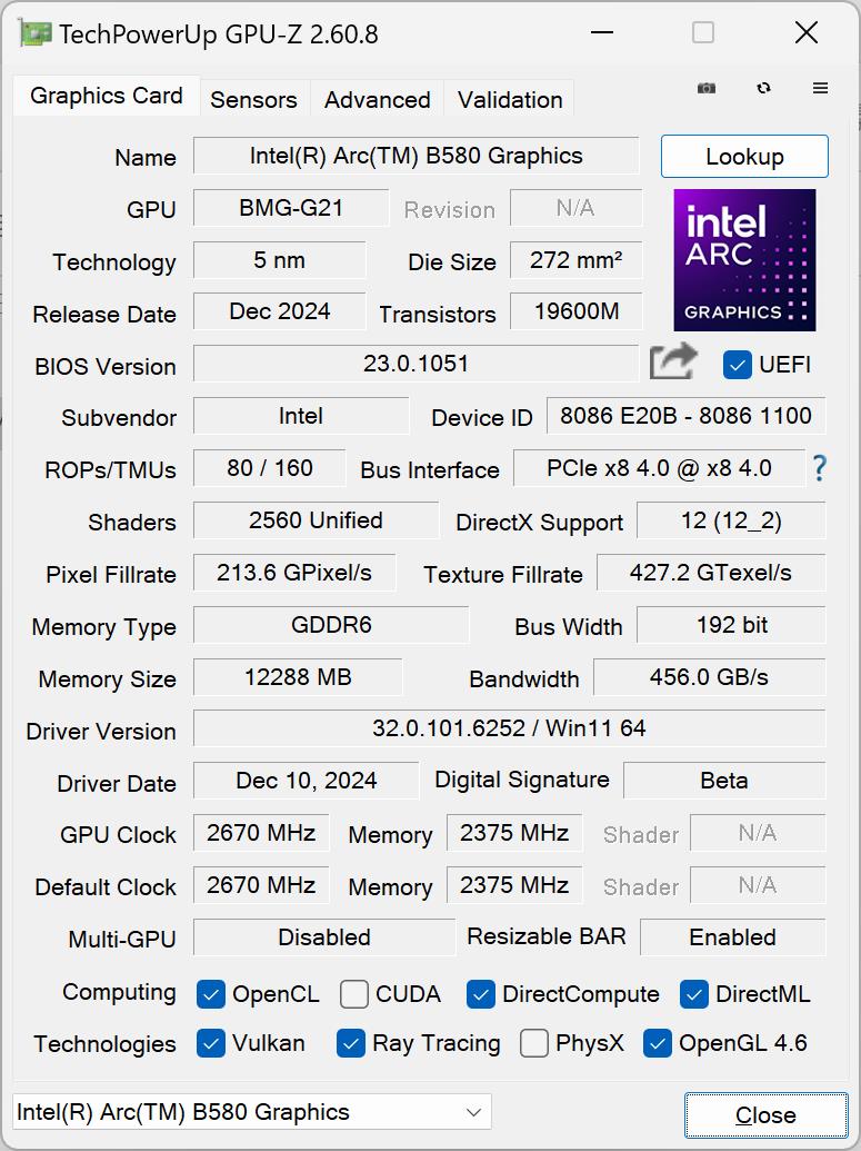 唯GPU-Z的部分使用Intel提供的32.0.101.6252版驅動程式查看規格資訊，可看到使用PCIe Gen 4x8匯流排並開啟Resizable BAR。