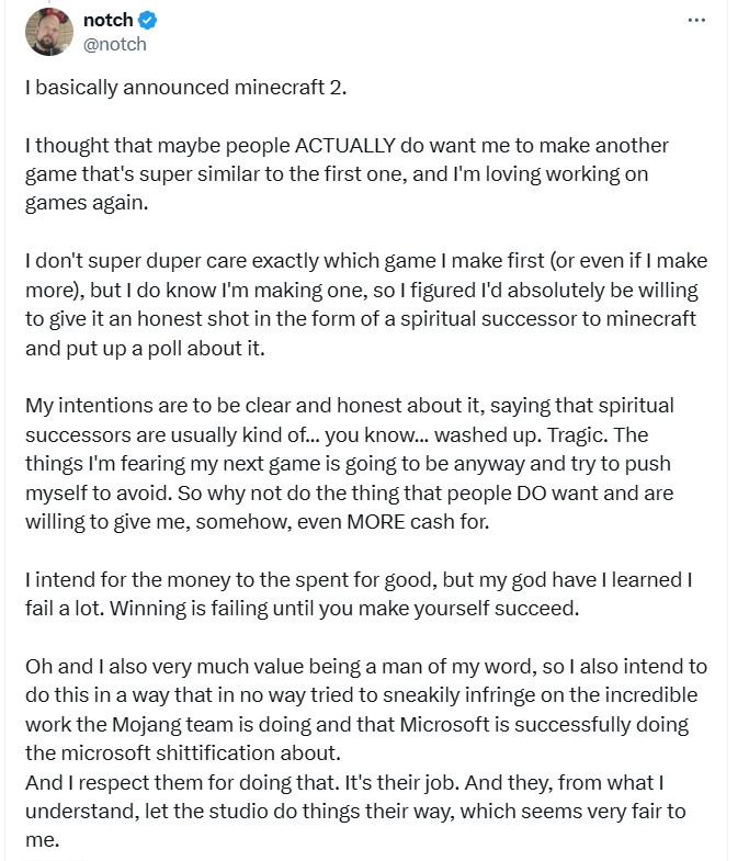 《Minecraft》之父Notch要重返遊戲世界，《Minecraft 2》精神續作有望誕生？