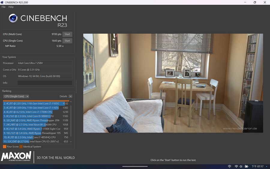 Cinebench R23 於多核測試中取得 9193 分，單核則為 1643 分，MP Ratio 達到 5.59x。