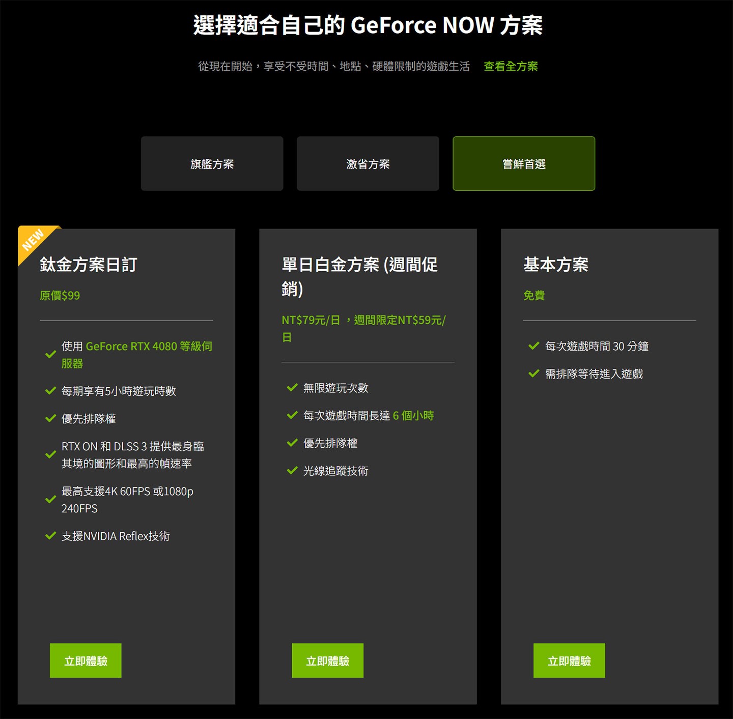 GeForce NOW 有多個方案可供選擇，「基本方案」雖然完全免費，但使用上限制較多；付費方案則可區分為「白金方案」和「鈦金方案」，兩者的差別在於硬體規格、效能以及遊玩時數。