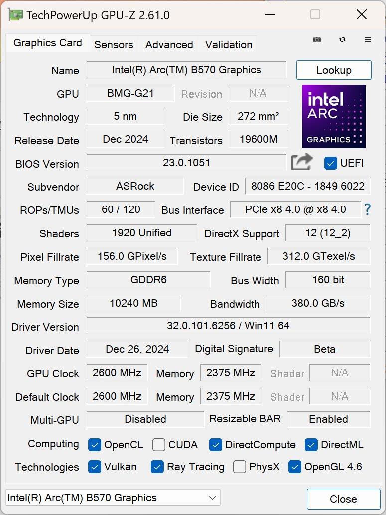 ASRock Arc B570 Challenger 10GB OC之GPU-Z資訊，可看到使用PCIe Gen 4x8匯流排並開啟Resizable BAR。