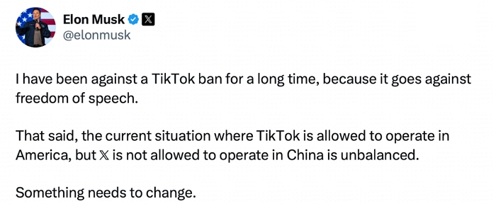 馬斯克抱怨TikTok能在美國營運 X卻不能在中國營運，中國政府發言人回應：只要遵守中國的法律法規，完全沒問題