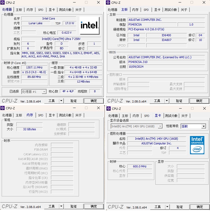 利用 CPU-Z 來檢視規格，Intel Core Ultra 7 258V 處理器，為 8 核心（4 個 P-Core 加 4 個 E-Core），並搭載 32GB 記憶體，及 Intel Arc 140V 顯示晶片。