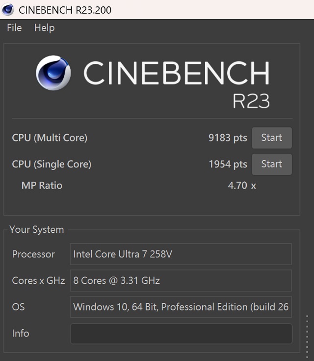 於 CINEBENCH R23 測試中，CPU 多核心為 9,183 pts，單核心為 1,945pts，多、單核心的效能差距倍數為 4.7x。