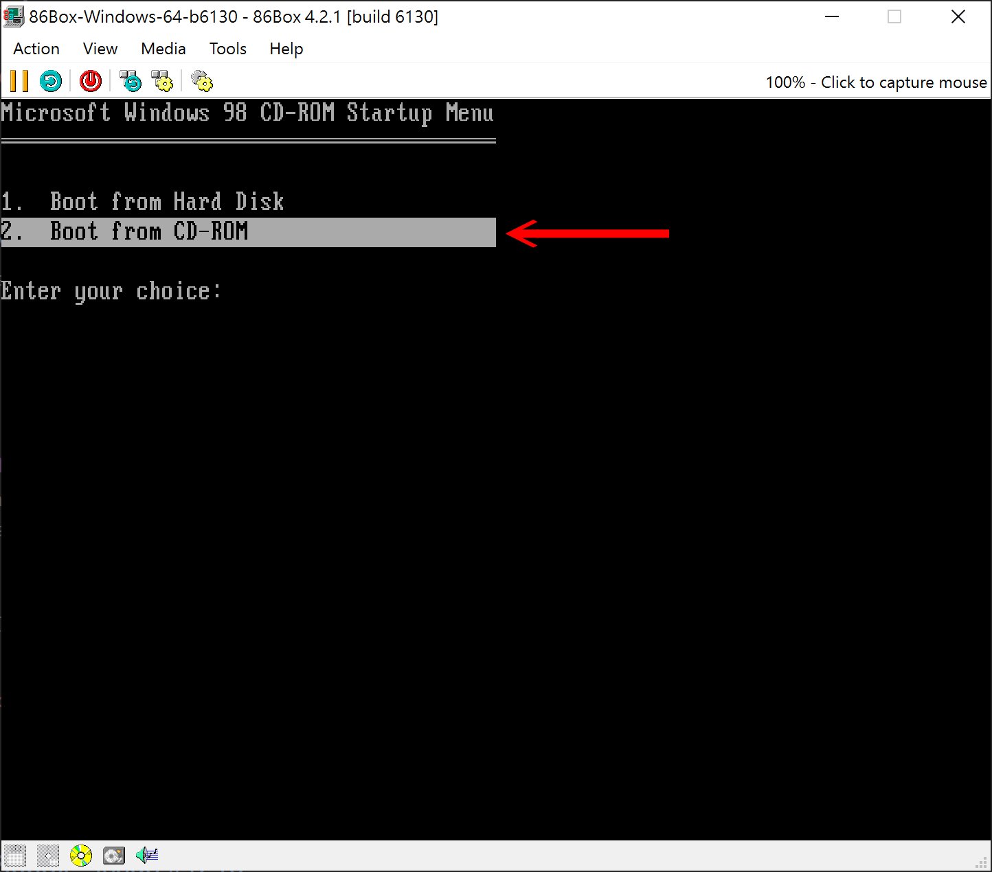 重新開機之後一樣選擇「Boot from CD-ROM」以及「Start Windows 98 Setup from CD-ROM」。