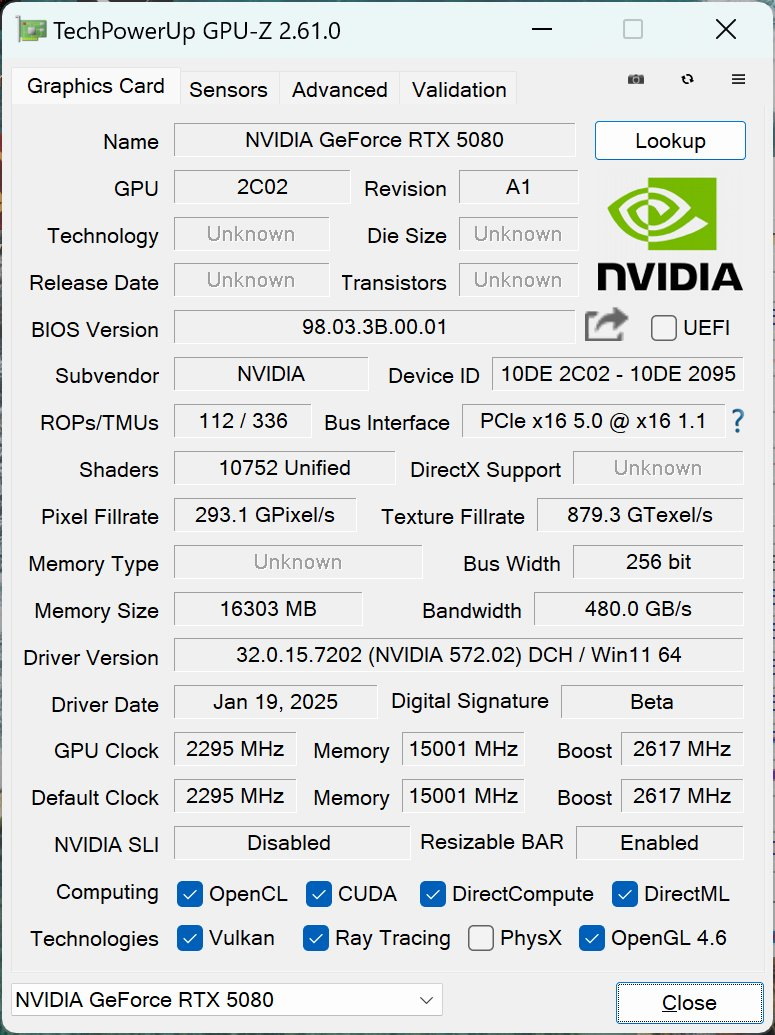 測試平台顯示卡之GPU-Z資訊，截稿時最新版本尚未能正確判讀所有資訊。