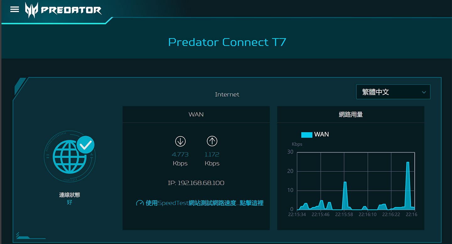 登入後的儀表板可以看到 Predator Connect T7 的連線狀態與目前上下傳的速度和網路用量趨勢變化。