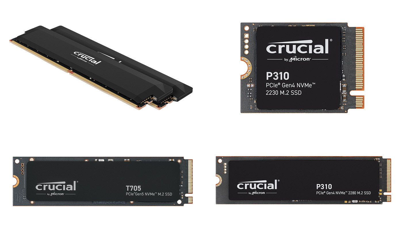 Crucial PRO D5 6400 32GB (左上)、Crucial T705 PCIe Gen5 NVMe M.2 SSD (左下)、Crucial P310 PCIe Gen4 NVMe 2230 M.2 SSD (右上)、Crucial P310 PCIe Gen4 NVMe 2280 M.2 SSD (右下)
