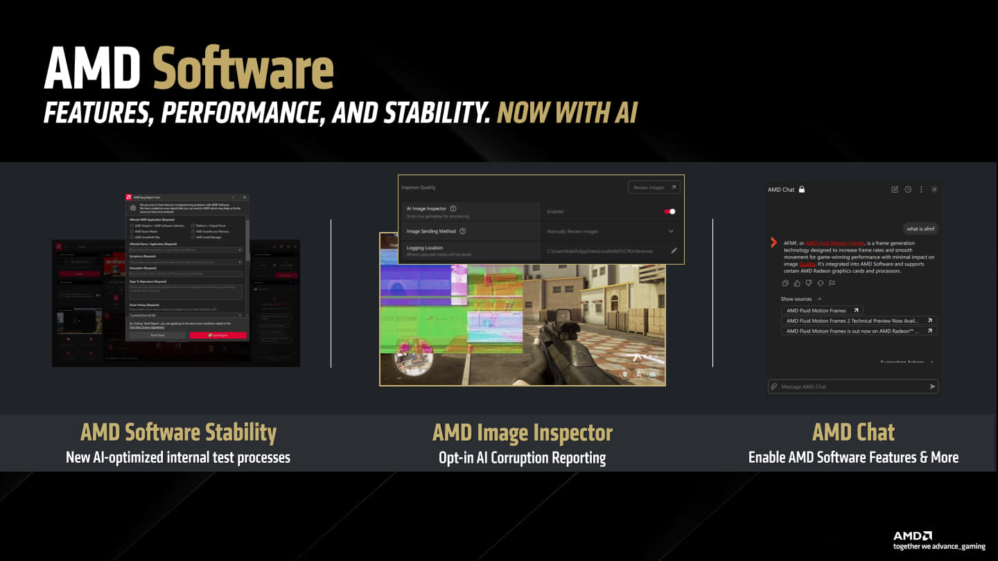 AMD也積極在AMD Software驅動程式導入AI功能，包括AI最佳化的內部測試流程、AI當機報告等改善機制，以及透過內建的AI聊天機器人使用驅動程式的各功能。