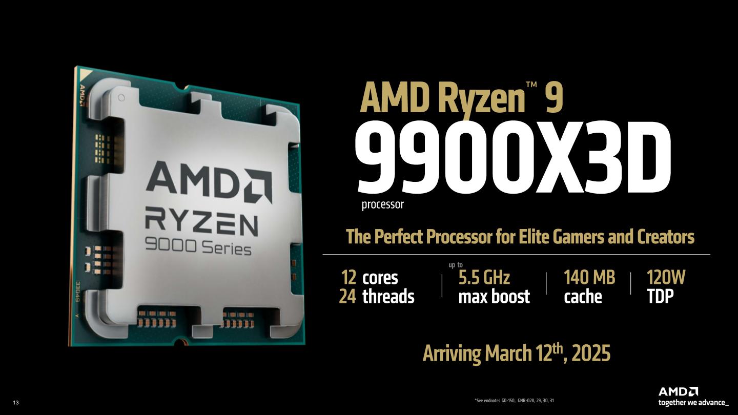 Ryzen 9 9900X3D與Ryzen 9 9900X相比，基礎時脈同為4.4GHz，但最大Boost時脈由5.6 GHz下修為5.5 GHz，L3快取記憶體由64MB擴充為128MB。