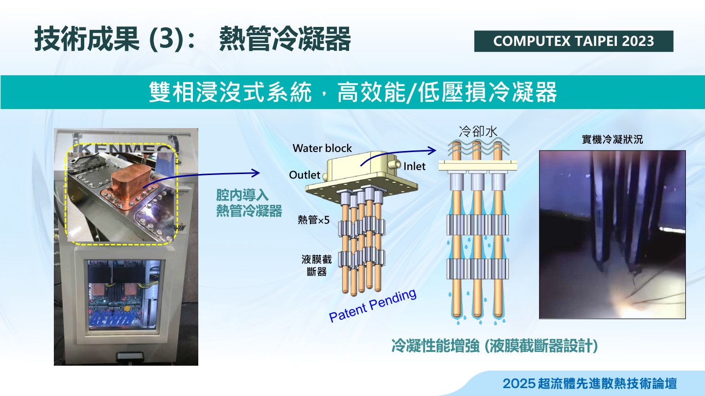 二相浸沒式液冷之冷凝器也透過特殊的液膜截斷設計提高效能。