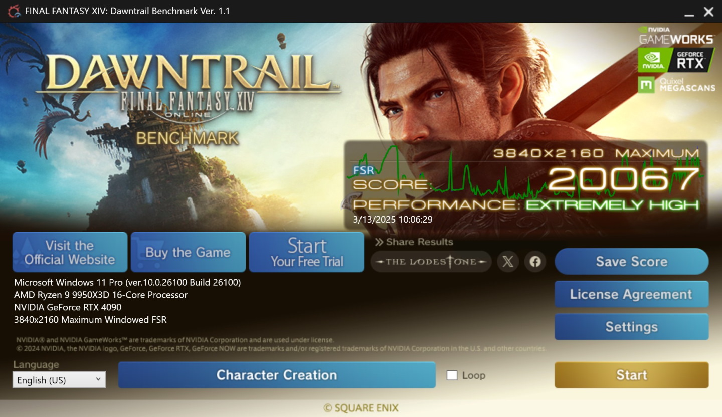 筆者也使用太空戰士XIV：黃金的遺產（FINAL FANTASY XIV: Dawntrail）進行測試，在4K解析度、Maximum畫質設定之總成績為20067分。