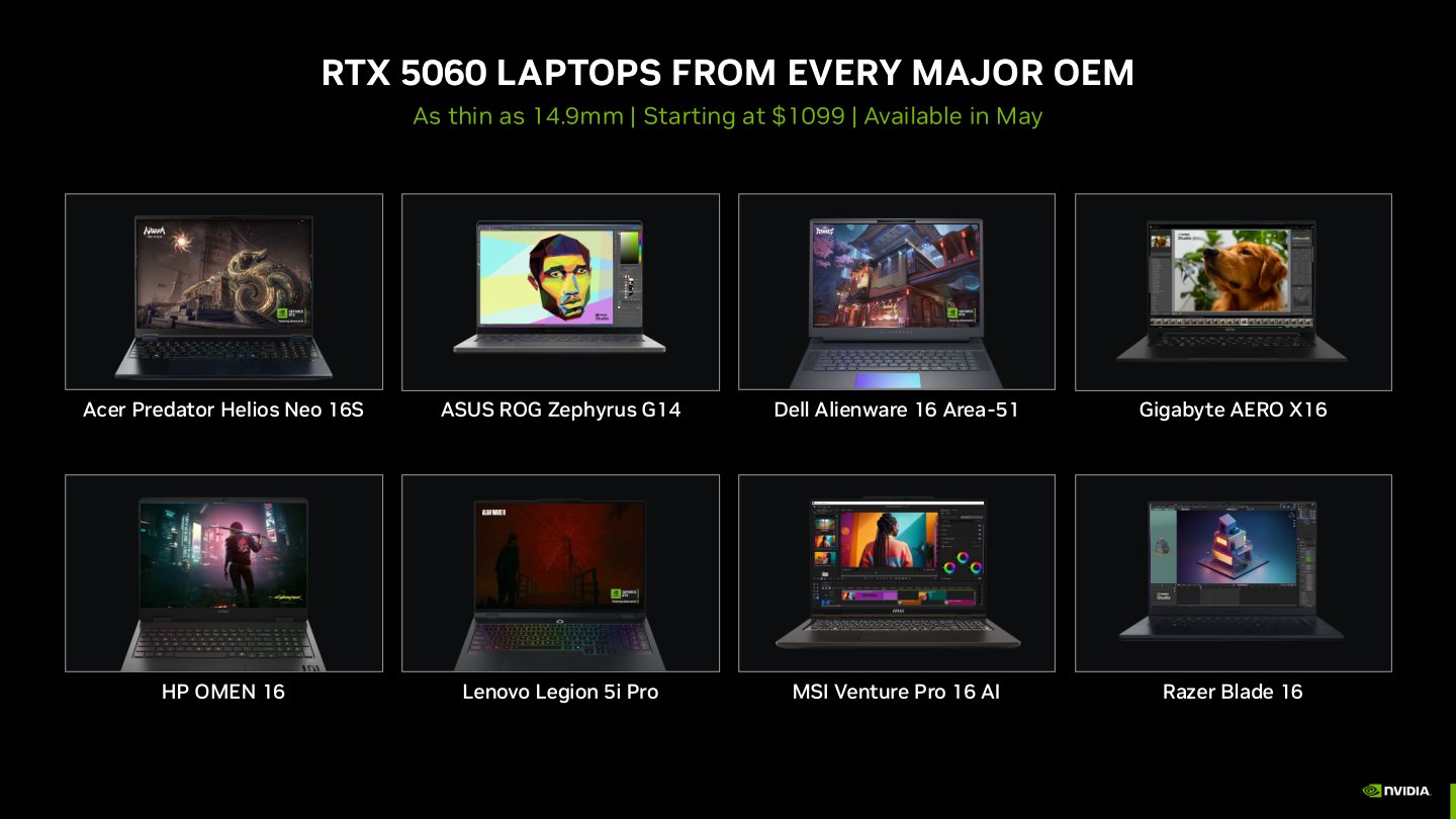 多位合作夥伴將會推出多款搭載GeForce RTX 5060顯示晶片的筆記型電腦。