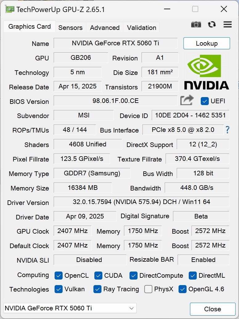 GeForce RTX 5060 Ti之GPU-Z資訊。