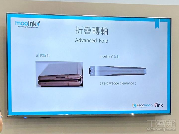 此外，「折疊轉軸」也是 mooInk V 的關鍵技術之一。元太科技於展會中表示，圖左示意圖為早期折疊手機所採用的 U 型轉軸設計，容易使裝置收闔後產生較大空隙，而 mooInk V 則是採用改良過的「進階折疊鉸鏈設計（Advanced-Fold hinge）」，讓螢幕闔起來時更貼合、幾乎無空隙，同時也改善開合平整度，整體更耐用、可承受更多次的開闔循環。