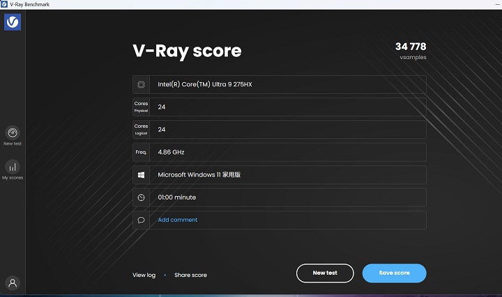 VRay5 benchmark 下的標準 V-Ray 效能測試中，綜合圖形運算效能為 34,778 分。