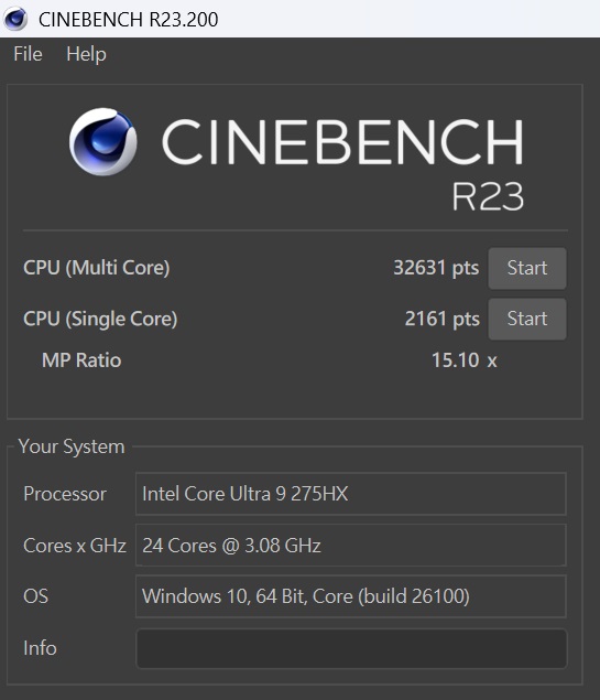 於 CINEBENCH R23測試中，多核心約為 32,631 pts，單核心約為 2,161pts，多、單核心的效能差距倍數為 15.1x。