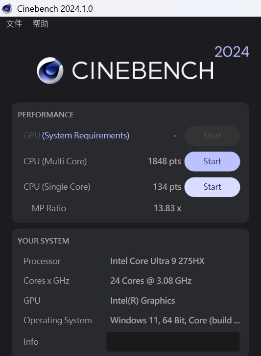 於 CINEBENCH 2024 測試中，CPU 多核心為 1,848 pts，單核心為 134pts，多、單核心的效能差距倍數為 13.83x。
