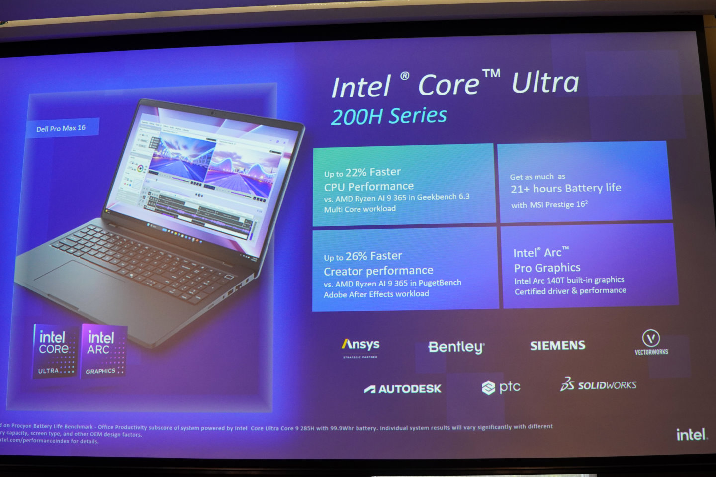 比較輕薄的Core Ultra 285H處理器則可在多工效能領先AMD Ryzen AI9 365約22%。