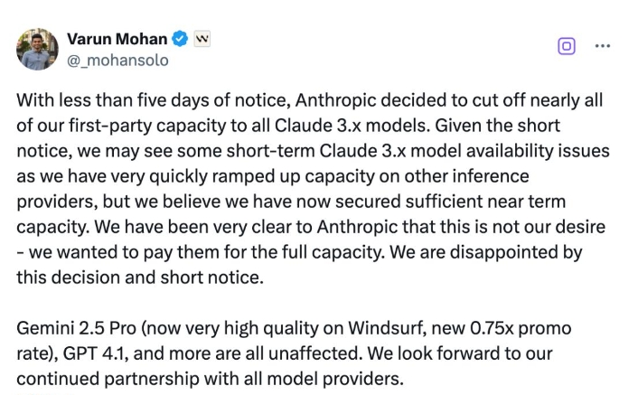 AI 編程工具 Windsurf 傳出要被OpenAI收購後秒被切斷Claude存取權，導致用戶大量流失