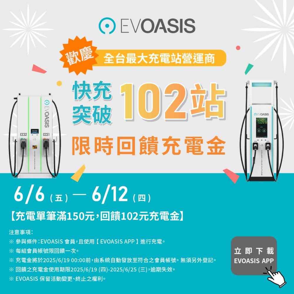 EVOASIS 電動車快充站點突破 102 站，全台限時回饋充電金活動開跑