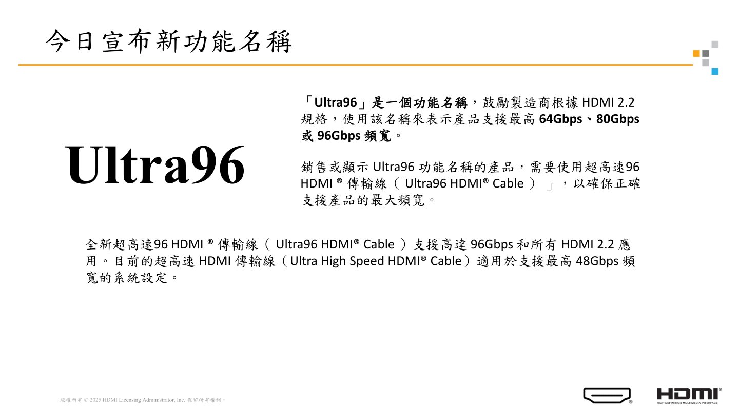 採用「Ultra96」規格的裝置與纜線能夠支援最高96Gbps頻寬，以及所有HDMI 2.2功能。