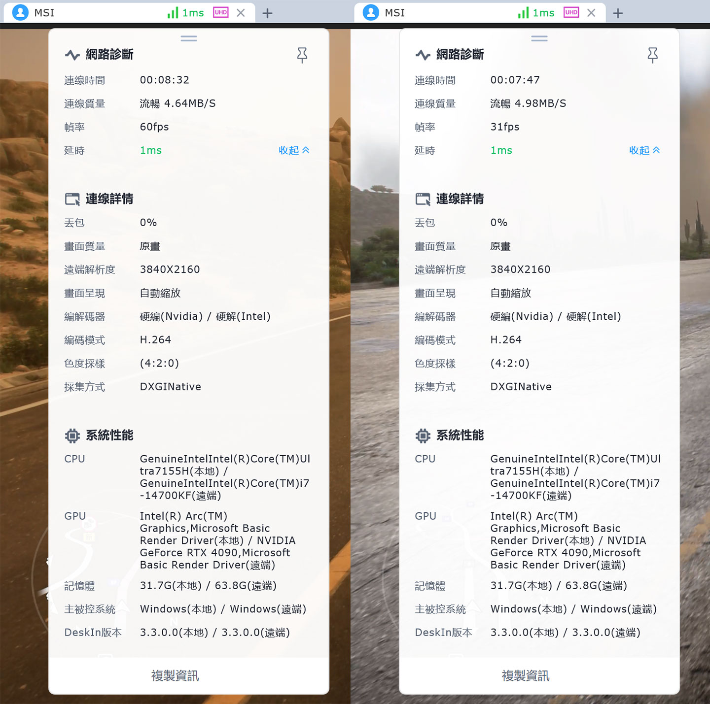  在 DeskIn 開啟遊戲模式後，Wi-Fi 連線情況下啟動《極限競速：地平線 5》，確實可達到最高 4K60FPS的顯示效果，延時也在 1ms 左右，不過隨著遊戲場景與畫面複雜度的不同，幀率也有會有上下波動，但大致都 30FPS 以上。