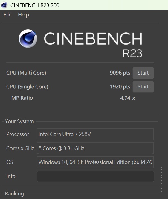 於 CINEBENCH R23 測試中，CPU 多核心為 9,096 pts，單核心為 1,920pts，多、單核心的效能差距倍數為 4.74x。