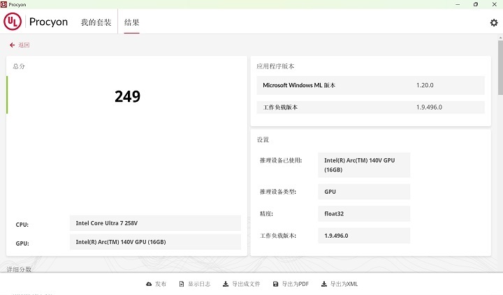 針對 AI 算力的測試部分，透過 UL Procyon AI Computer Vision 來進行測試，在 Windows ML 框架測試 CPU、iGPU 的 AI 推論能力，選擇 float32 精度下，分別獲得 58 分及 249 分。