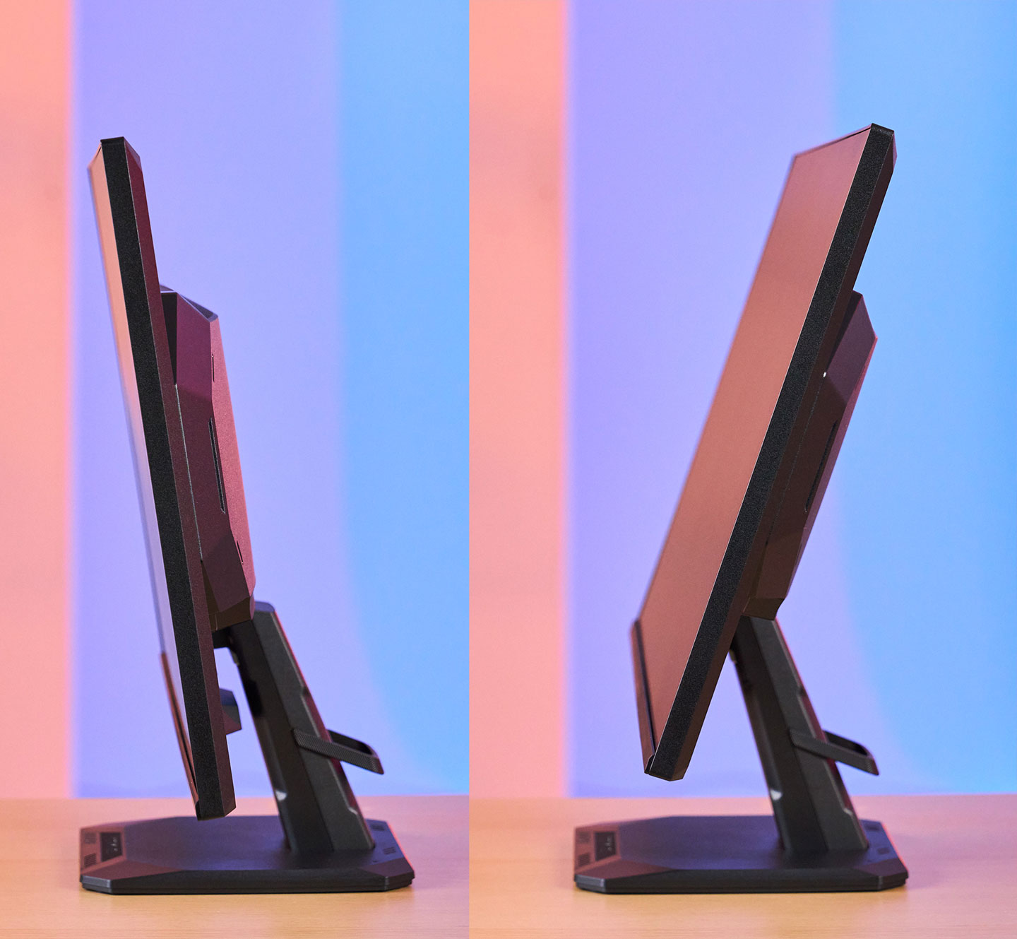 GS25F2 的支架可支援前後傾角的調整，範圍為 -5 度（圖左）至 20 度（圖右）。