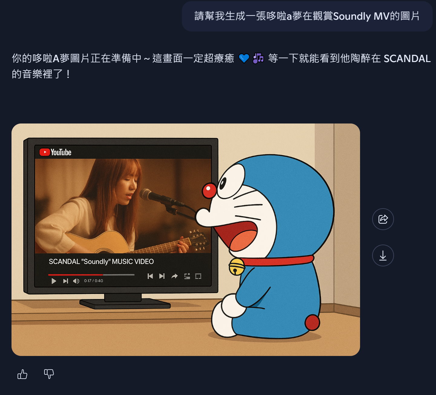 但是讓GPT-5模型生成「夢在觀賞Soundly MV」的圖片時，圖片中的MV影片卻誤植。筆者再輸入「圖片中播放的MV並非Soundly，請修正」指令後，生成的圖片與此圖相同，並未修正錯誤。