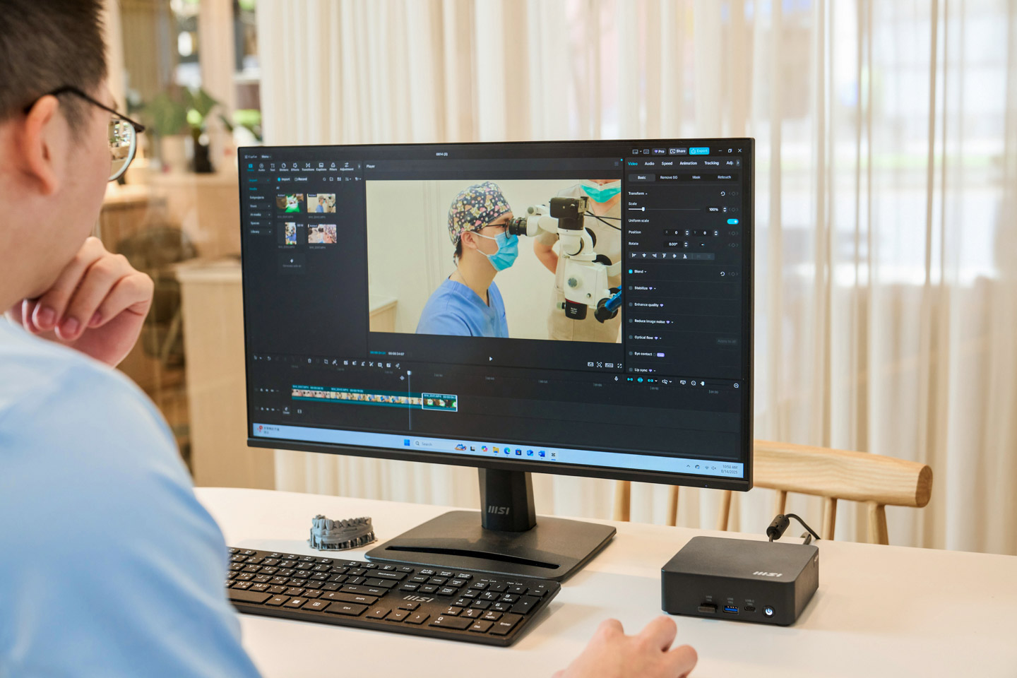 除了診療相關的影像處理，診所也會進行社群經營和影片素材製作，MSI AI Engine 會自動調整效能模式，確保速度與穩定性，讓多工處理變得更加輕鬆。