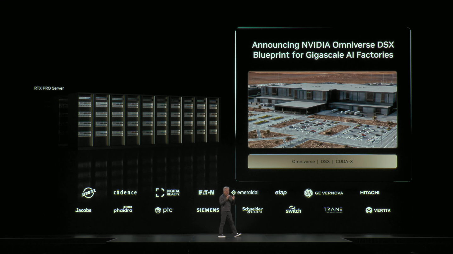 黃仁勳介紹透過Omniverse DSX Blueprint建立資料中心的工作流程範本，廠商能在數位孿生中設計並驗證資料中心的氣體與液體管線、配電、伺服器設置，在電腦中確認無誤後再行施工。