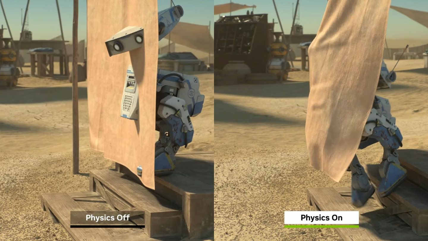 舉例來說，啟用物理模擬後（右），虛擬環境中的布簾就會與機器人產生互動。