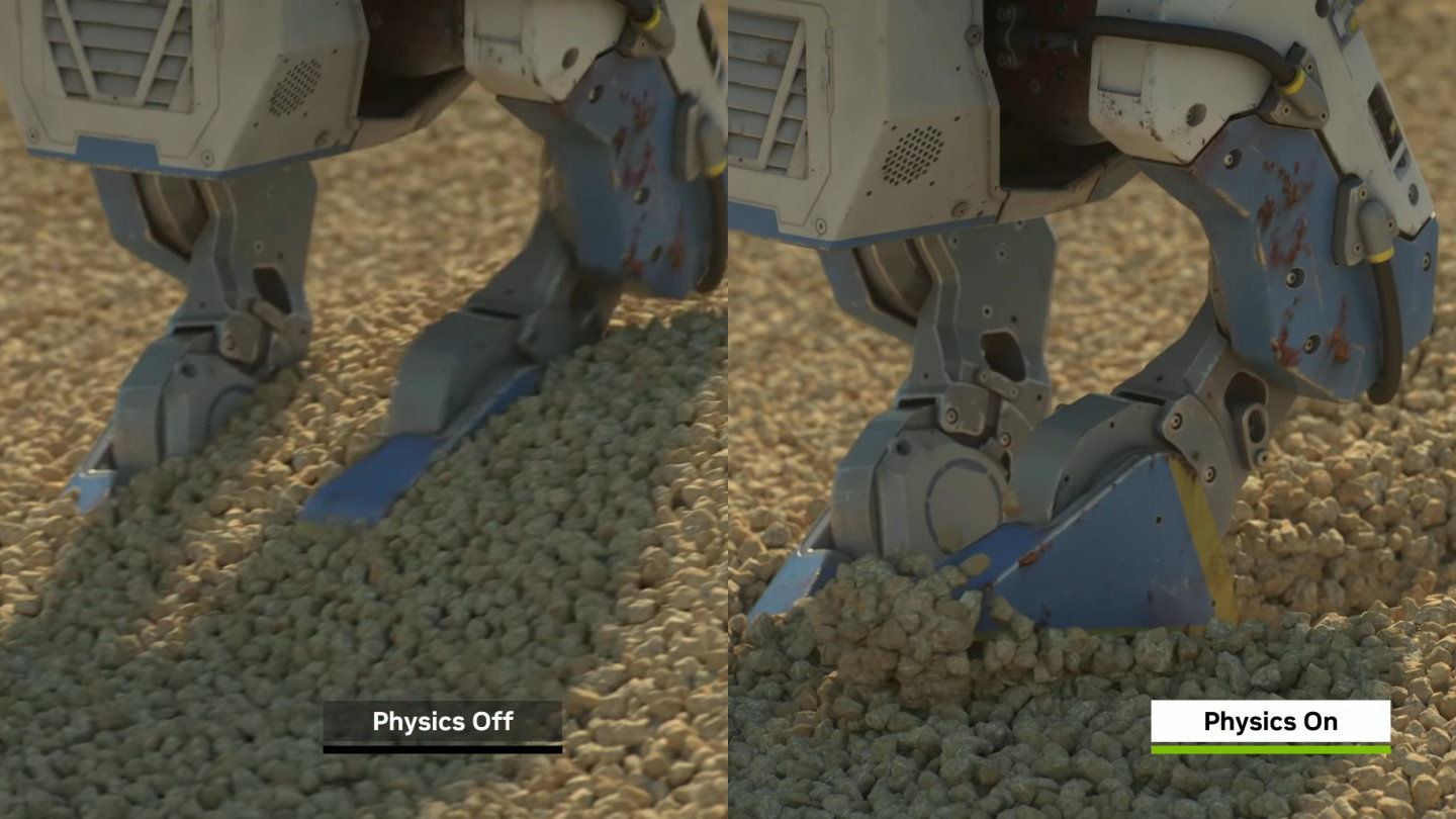 機器人在沙地中行走時，腳步也會與沙石產生互動，如此一來能夠強化訓練效果。