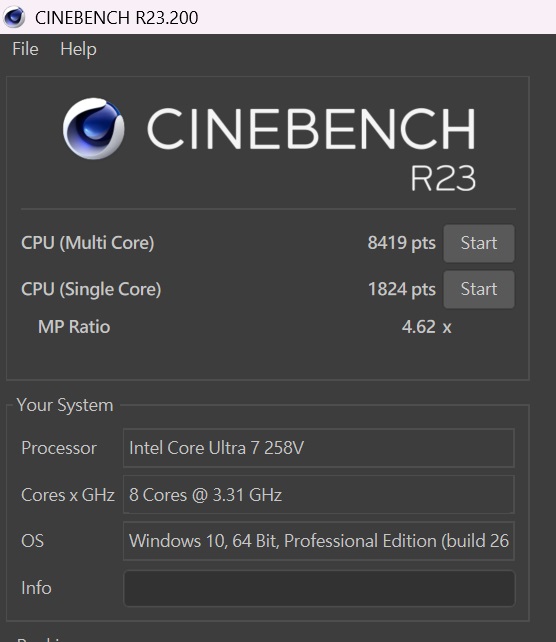 於 CINEBENCH R23 測試中，CPU 多核心為 8,419 pts，單核心為 1,824pts，多、單核心的效能差距倍數為 4.62x。