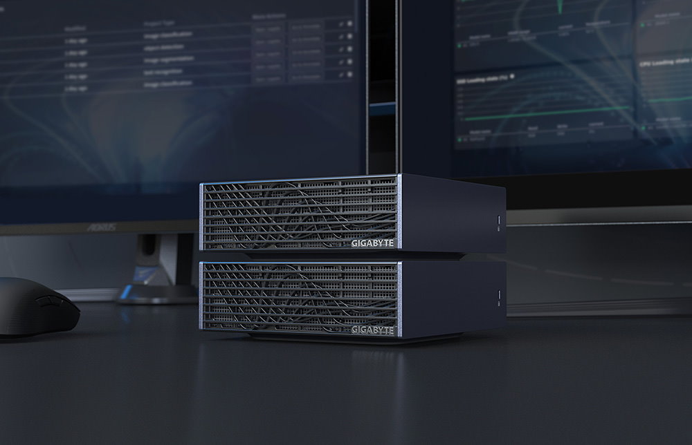 如果覺得一台 AI TOP ATOM 的算力或 128GB 記憶體不敷使用，還可串連兩台擴充算力。（圖片來源：技嘉科技）