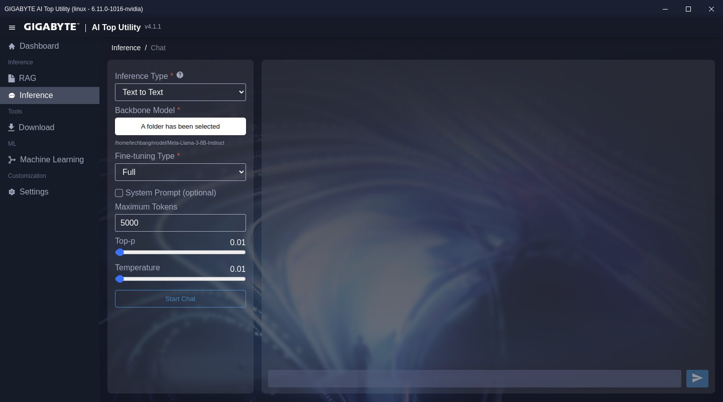 使用 AI 聊天機器人的方式相當簡單，我們先選擇左方功能表的 Inference，然後載入剛才下載的 AI 模型。