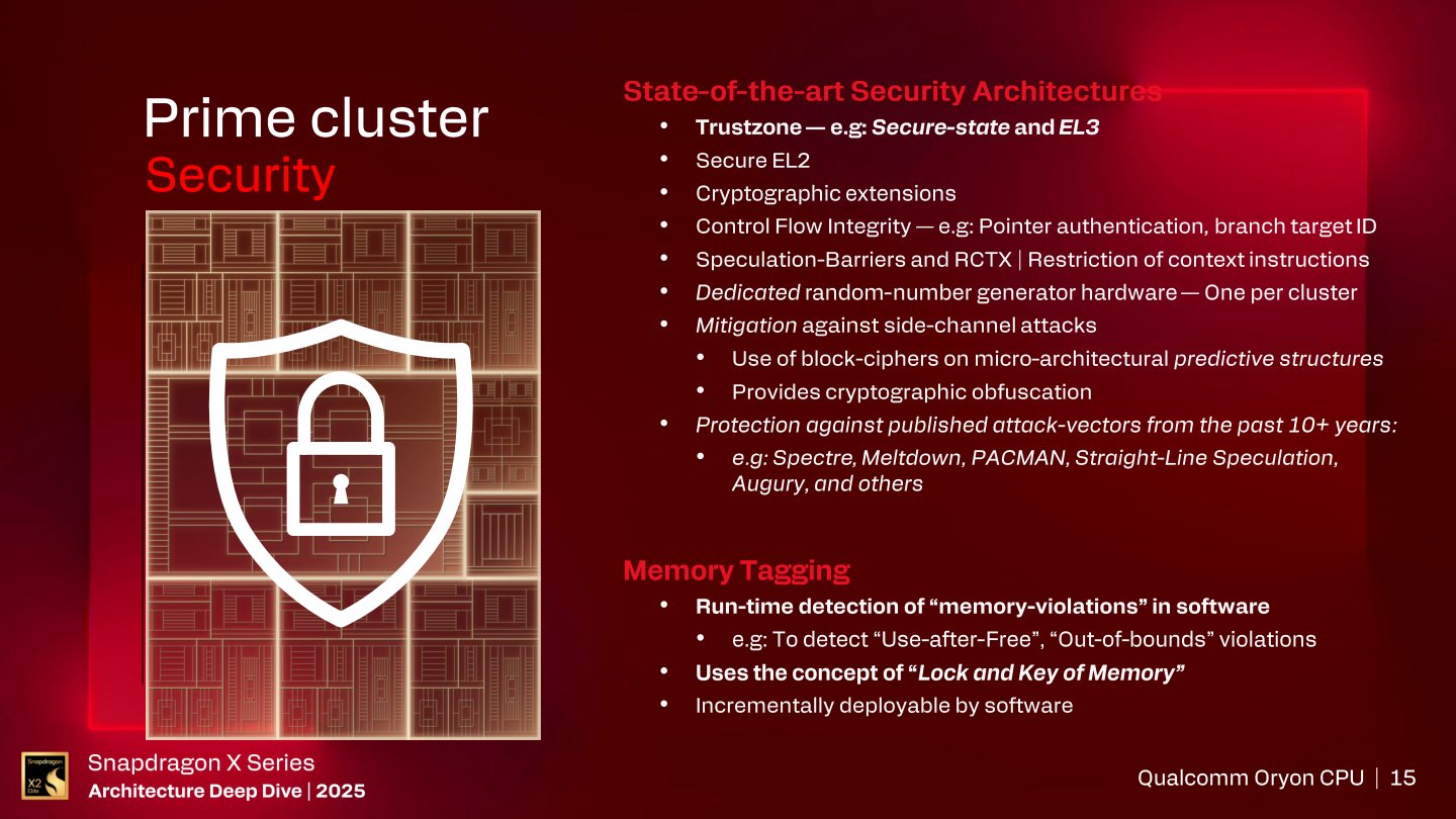 在安全性方面，Snapdragon X2平台支援Security States EL3的TrustZone 技術、Security States EL2等安全層級，也支援記憶體標籤Memory Tagging技術。