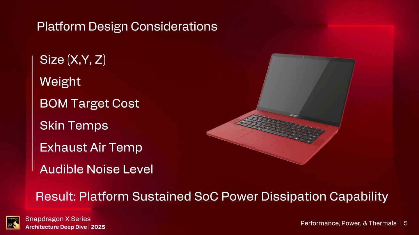 Qualcomm說明Snapdragon X2平台對應的筆記型電腦設計考量包含尺寸、重量、成本、機身表面溫度、出風口溫度、噪音等等。