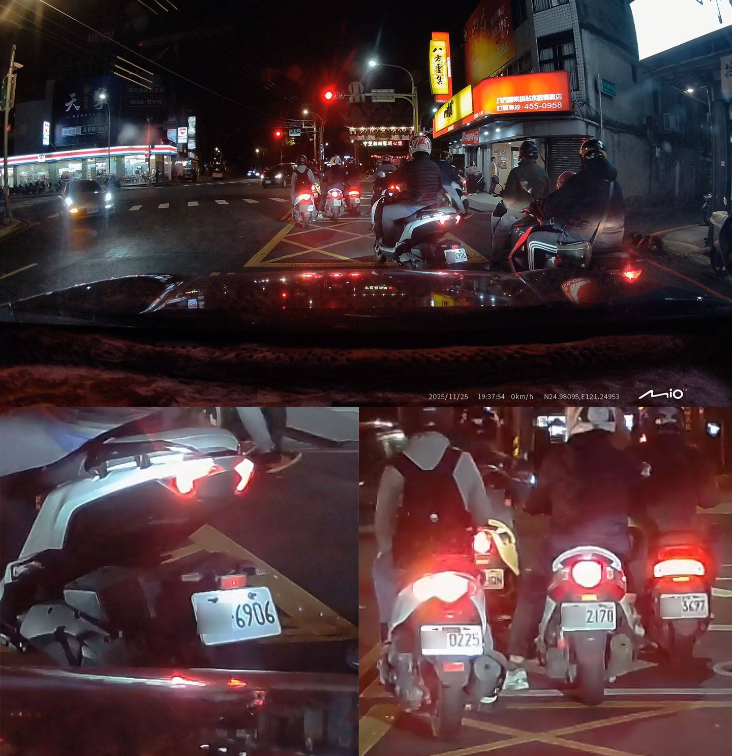 在夜間行駛時,可以發現在低光環境下前鏡頭拍攝的畫面明亮,靠近車前的車牌在車燈照明下能一眼看清,而就算是 20 公尺外的多台車輛,將畫面放大後還是能辨識出車牌號碼。