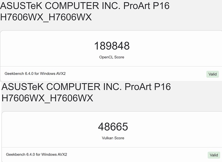 在 Geekbench 6下選定 NVIDIA GeForce RTX 5090 進行測試，在 OpenCL 測試獲得的分數為 189,848 分；在 Vulkan 測試獲得的分數為 48,665 分。