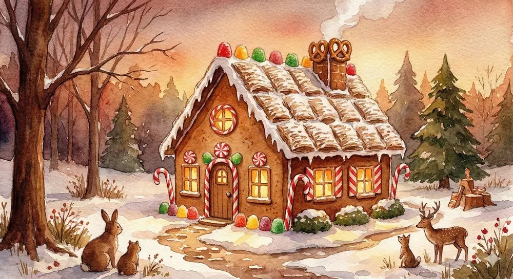 提示詞:創作一張水彩風格的薑餅屋畫作,呈現溫馨舒適的感覺。