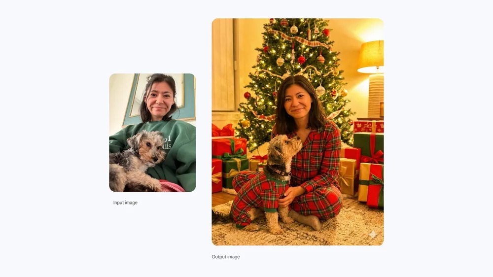 提示詞:這是我和我的狗的照片。將這張照片轉化為逼真的節慶肖像,我坐在聖誕樹前,我的狗坐在我旁邊。我應該對著鏡頭微笑,而我的狗正看著我。模仿我真實的長相。我和我的狗都要穿著紅綠相間的睡衣,周圍環繞著紅、綠、金色的禮物。光線應保持溫暖,帶有金色濾鏡。