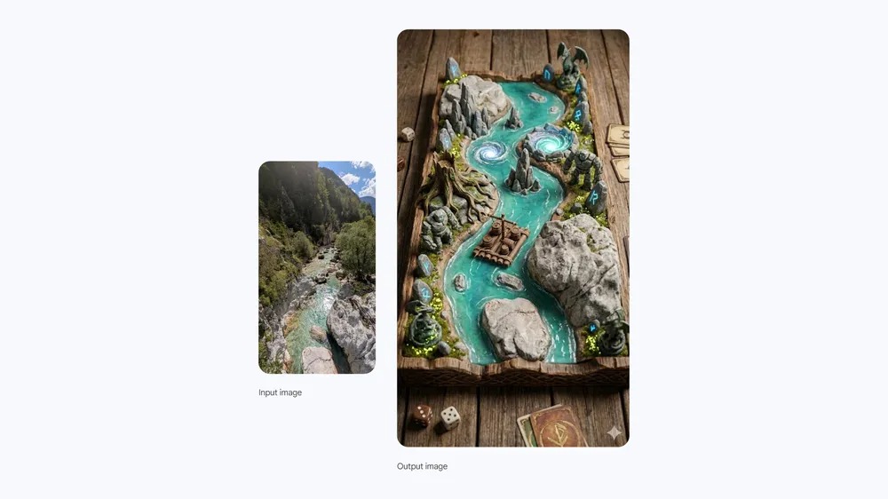 提示詞:將這張風景照轉變為一個鄉村風的遊戲棋盤,目標是引導竹筏造型的棋子順流而下並避開障礙物。風格需為寫實風格,並加入一些奇幻元素。