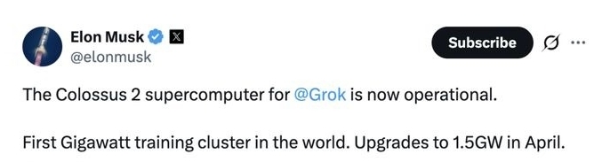 馬斯克 xAI Colossus 2 超級電腦爆發！百萬 GPU 狂燒 2GW 電力，全球最強 AI 算力中心爭議不斷