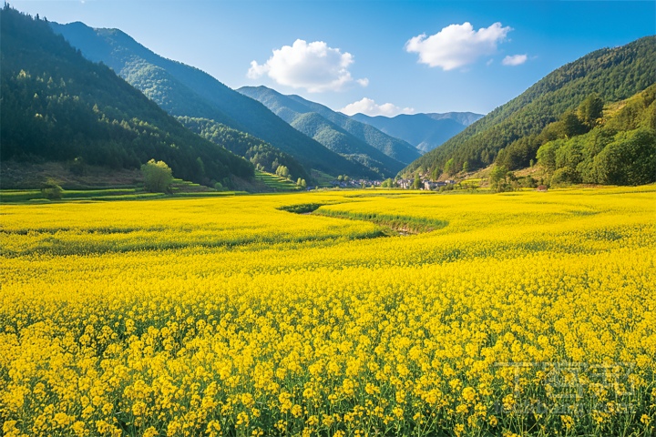 油菜花田在群山環繞的谷地中綻放，陽光普照下更顯耀眼。