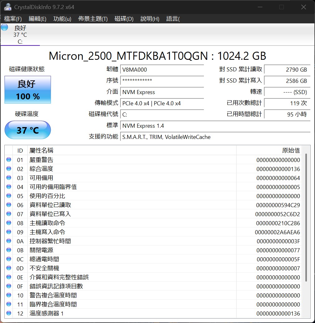 儲存裝置為Micron 2500 NVMe SSD 1TB固態硬碟，NAND Flash顆粒為QLC類型。