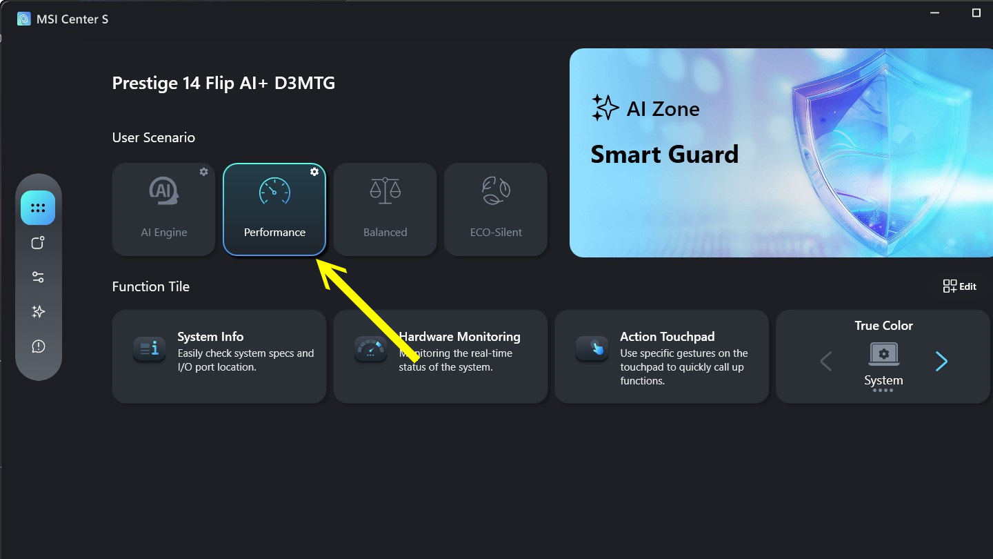 在測試之前透過預載的MSI Center S將電源模式切換為「效能模式」。