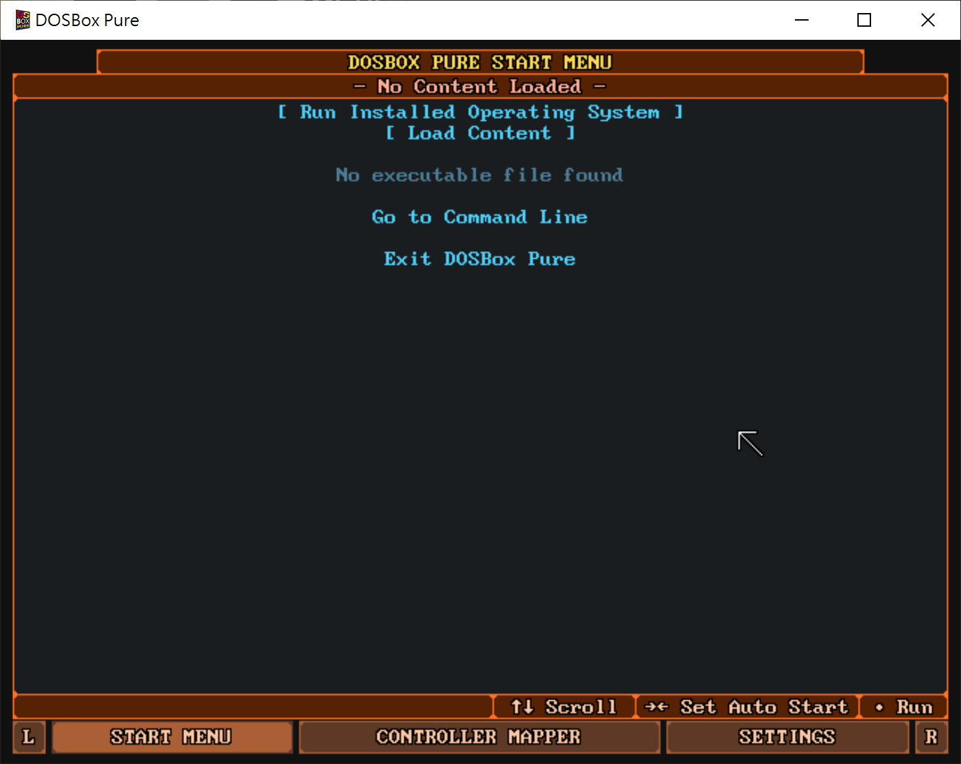 開啟DOSBox Pure Unleashed之後，可以選擇「Load Content」並透過內建的檔案瀏覽器選擇遊戲檔案，或是「Run Installed Operating System」執行已安裝的作業系統。